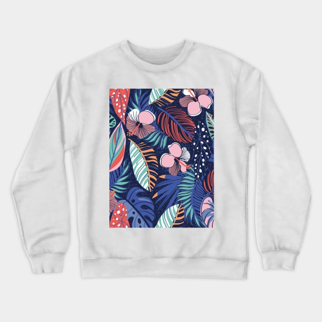 Moody tropical night // pattern // oxford blue background spearmint papaya orange denim and electric blue leaves coral cotton candy pink and dry rose hibiscus flowers Crewneck Sweatshirt by SelmaCardoso